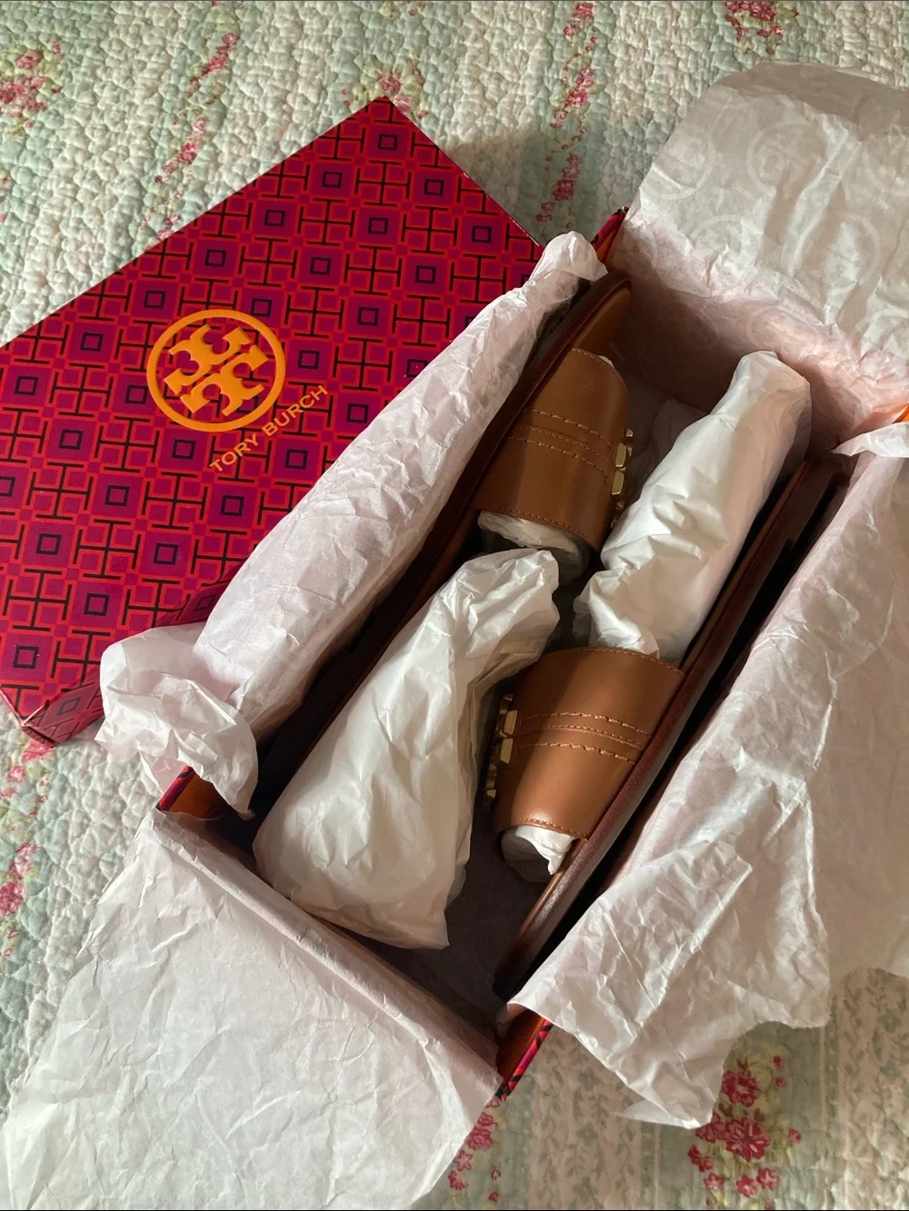 Tory Burch Cognac Leather Slide Sandals with Gold Logo